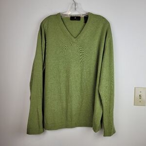 Toscano cotton blend men's olive light green V-neck soft cozy sweater preppy L